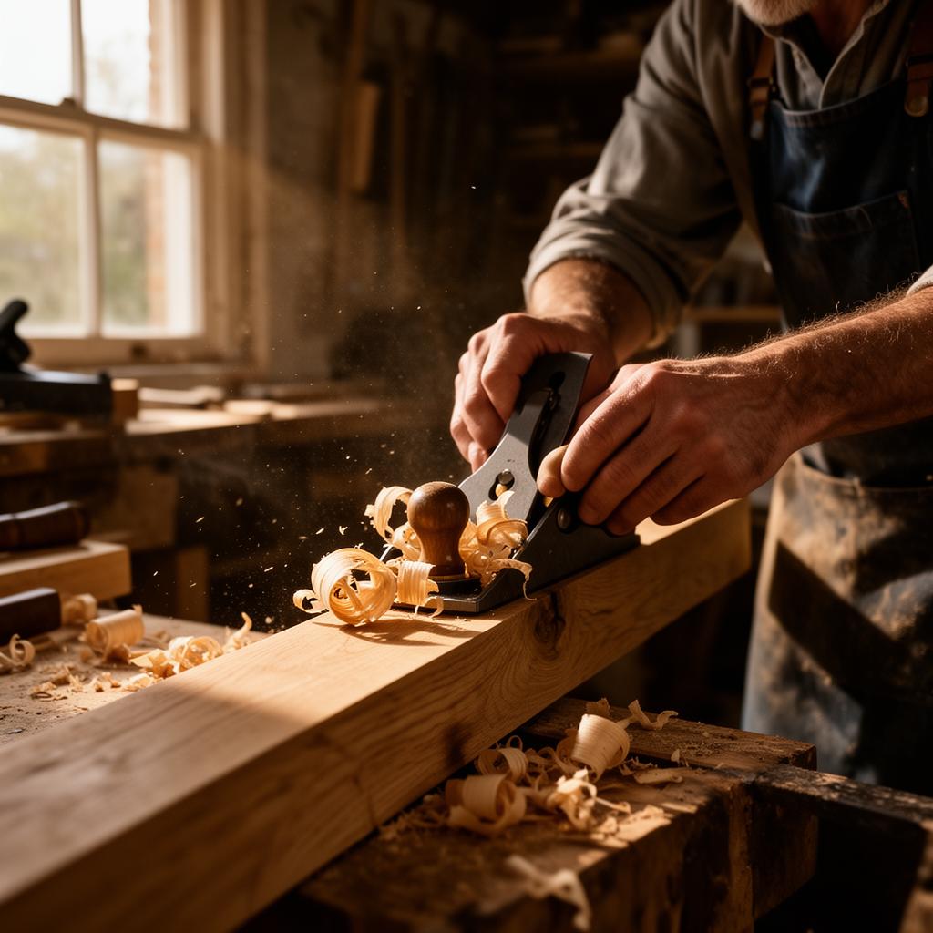 Hand-planing oak in the workshop